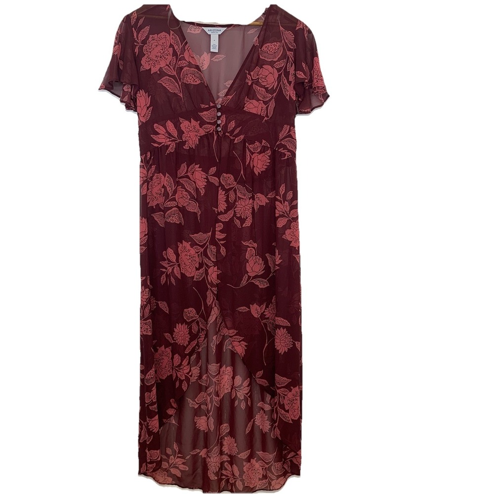 Arizona Long Sheer Kimono Top Hi Low Flutter Sleeve M Burgendy Floral Cover Up